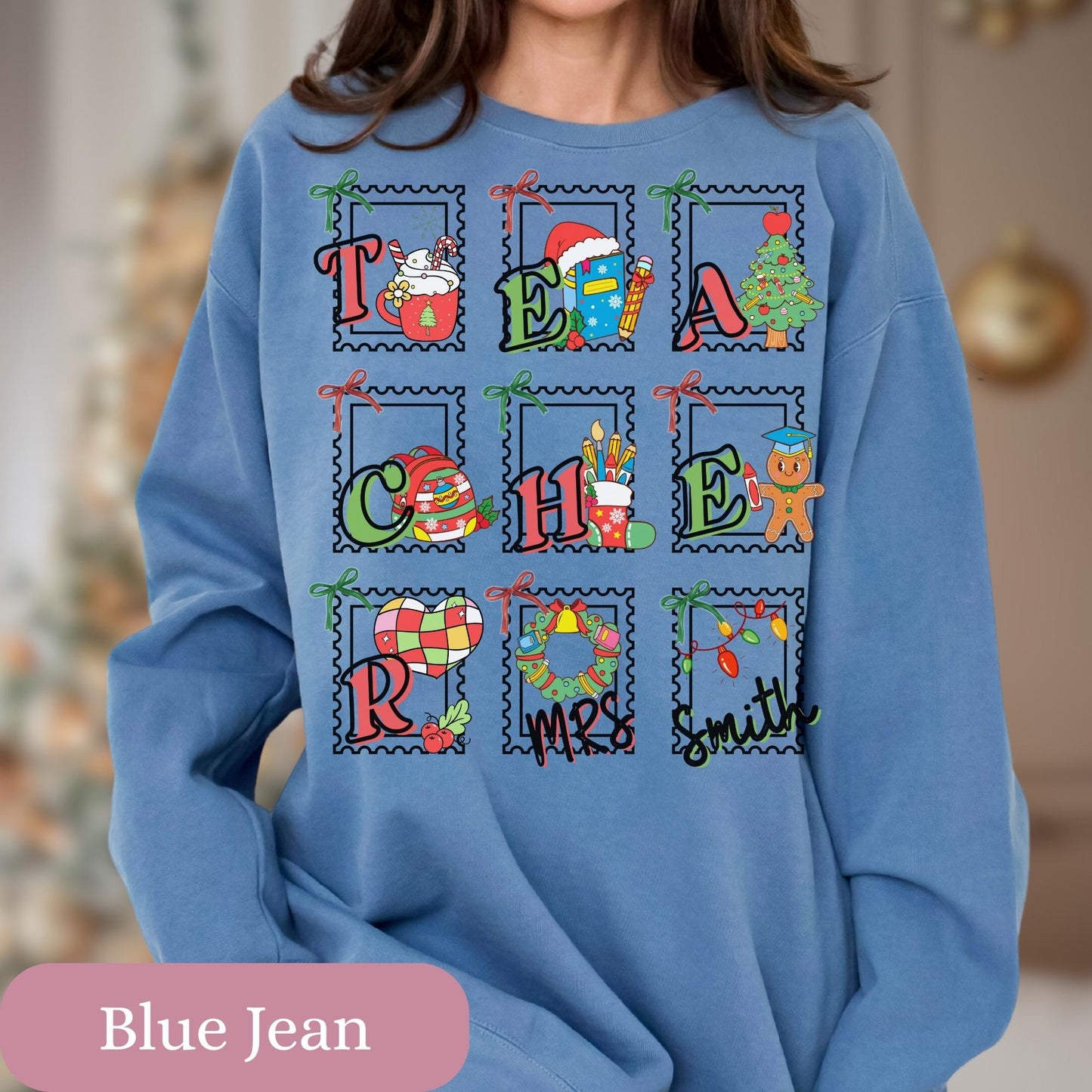 Custom Teacher stamp Christmas winter Comfort Colors®cotton sweatshirt S-3XL