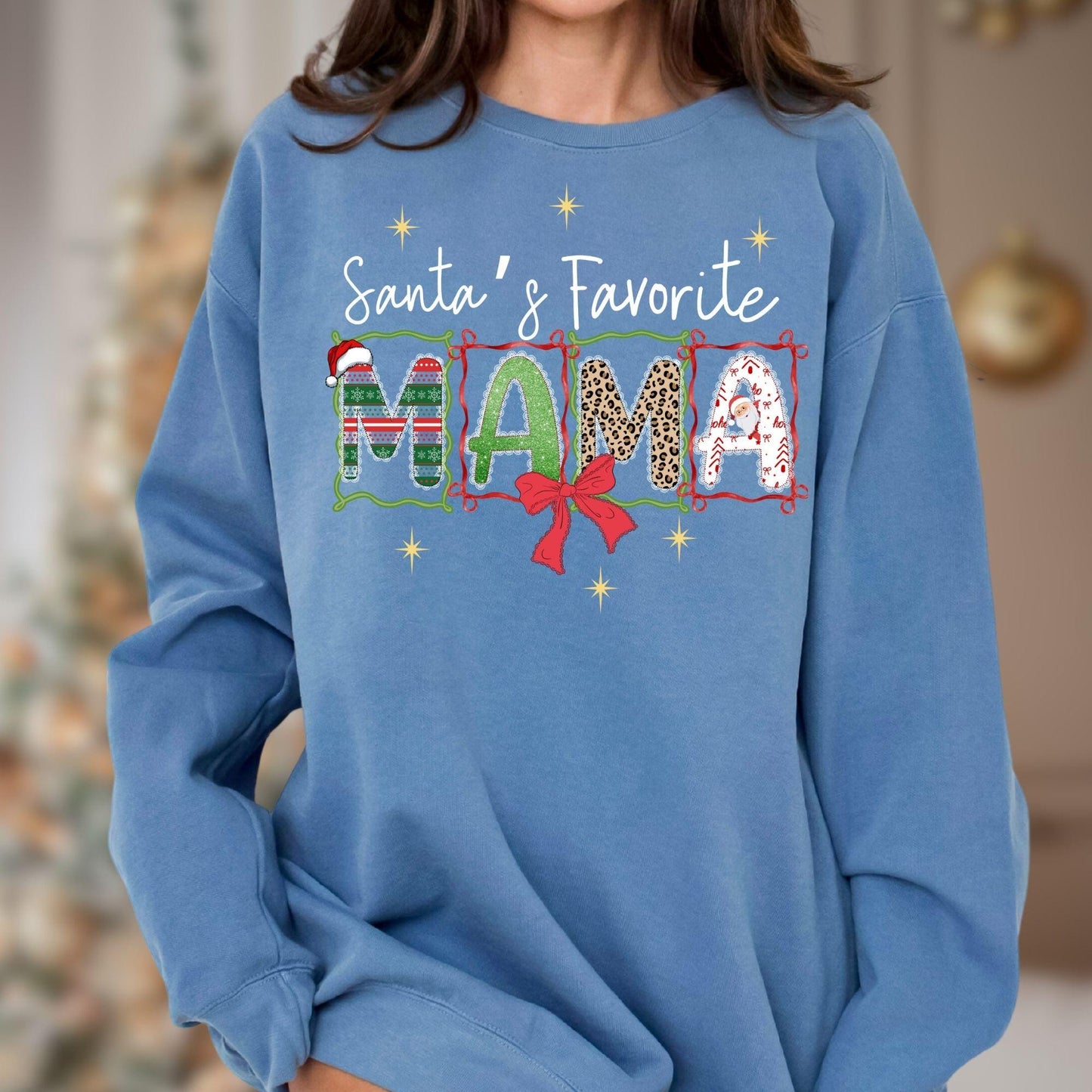 Santa's Favorite Mama Christmas Holiday Comfort Colors® Cotton Sweatshirt S-3XL