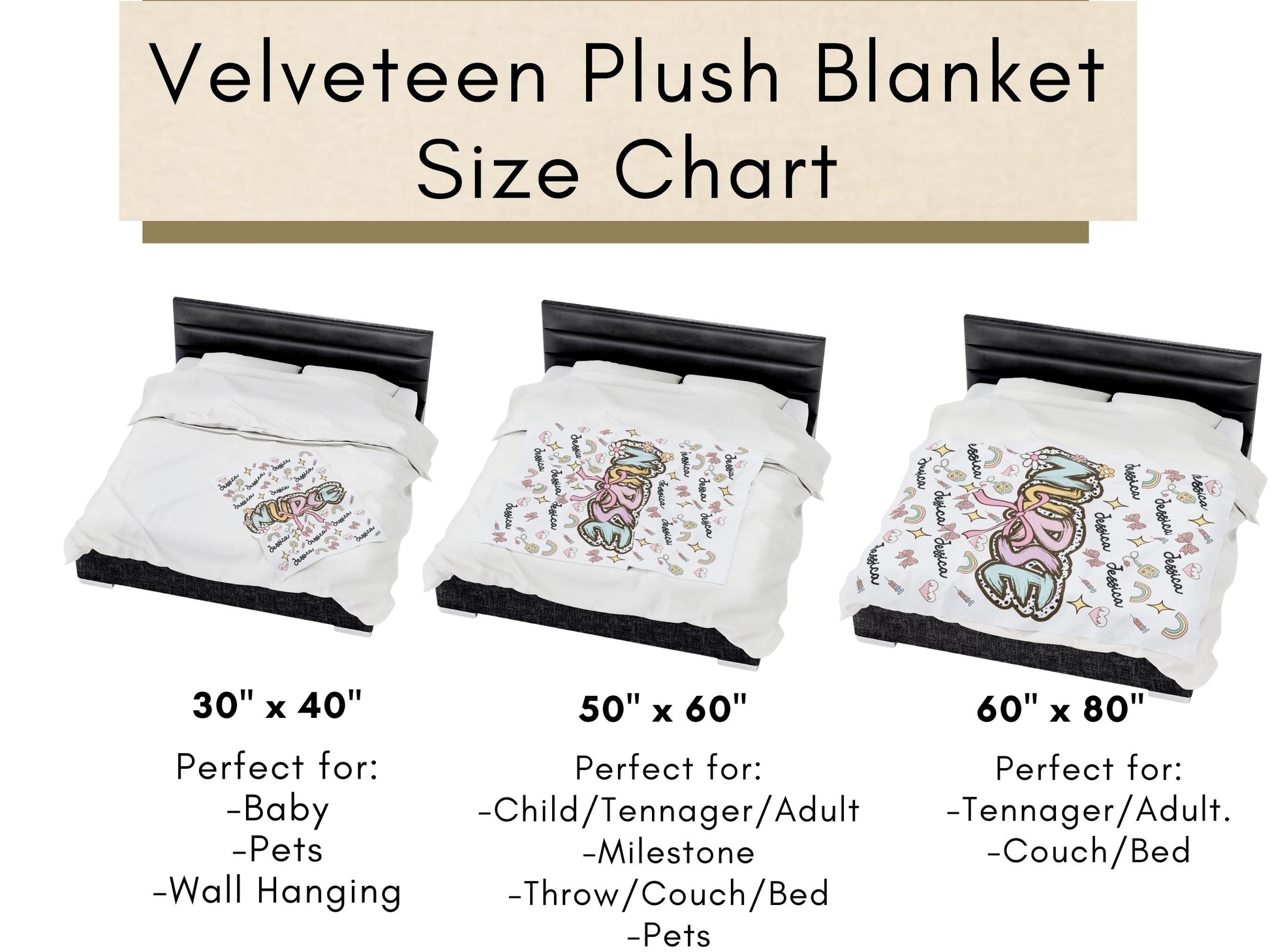 size chart for blanket: 30 inches by 40 inches, 50 inches by 60 inches, 60 inches by 80 inches