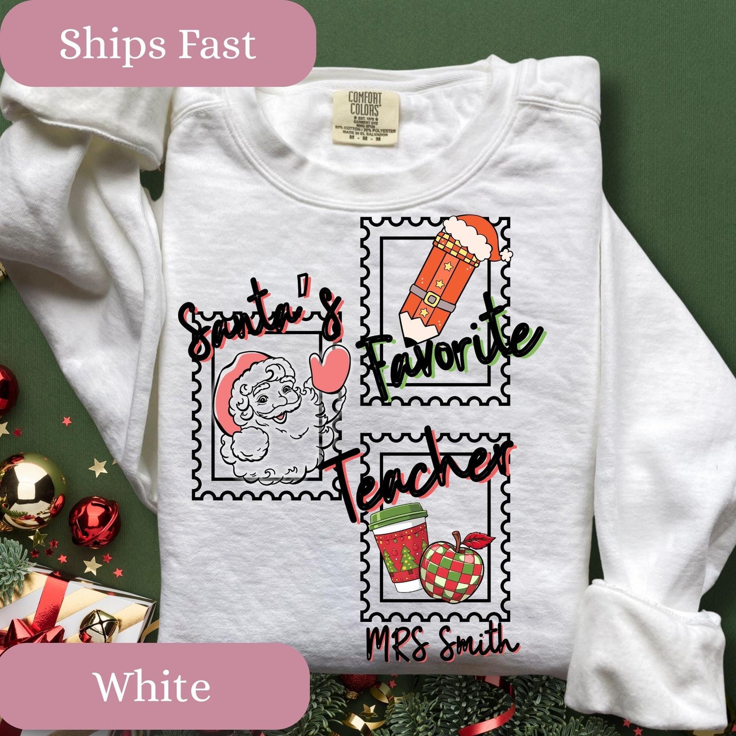 Personalized Santa's Favorite Teacher Christmas comfort Colors® cotton sweatshirt S-3XL