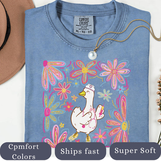 Floral Silly Goose Nurse Shirt: Retro Boho Comfort Colors Tee