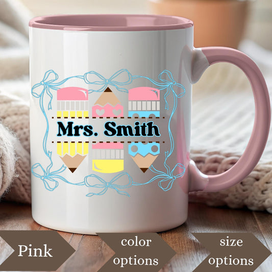 Personalized Teacher Coffee Mug: Coquette Pencil Design, Custom Ceramic Cup