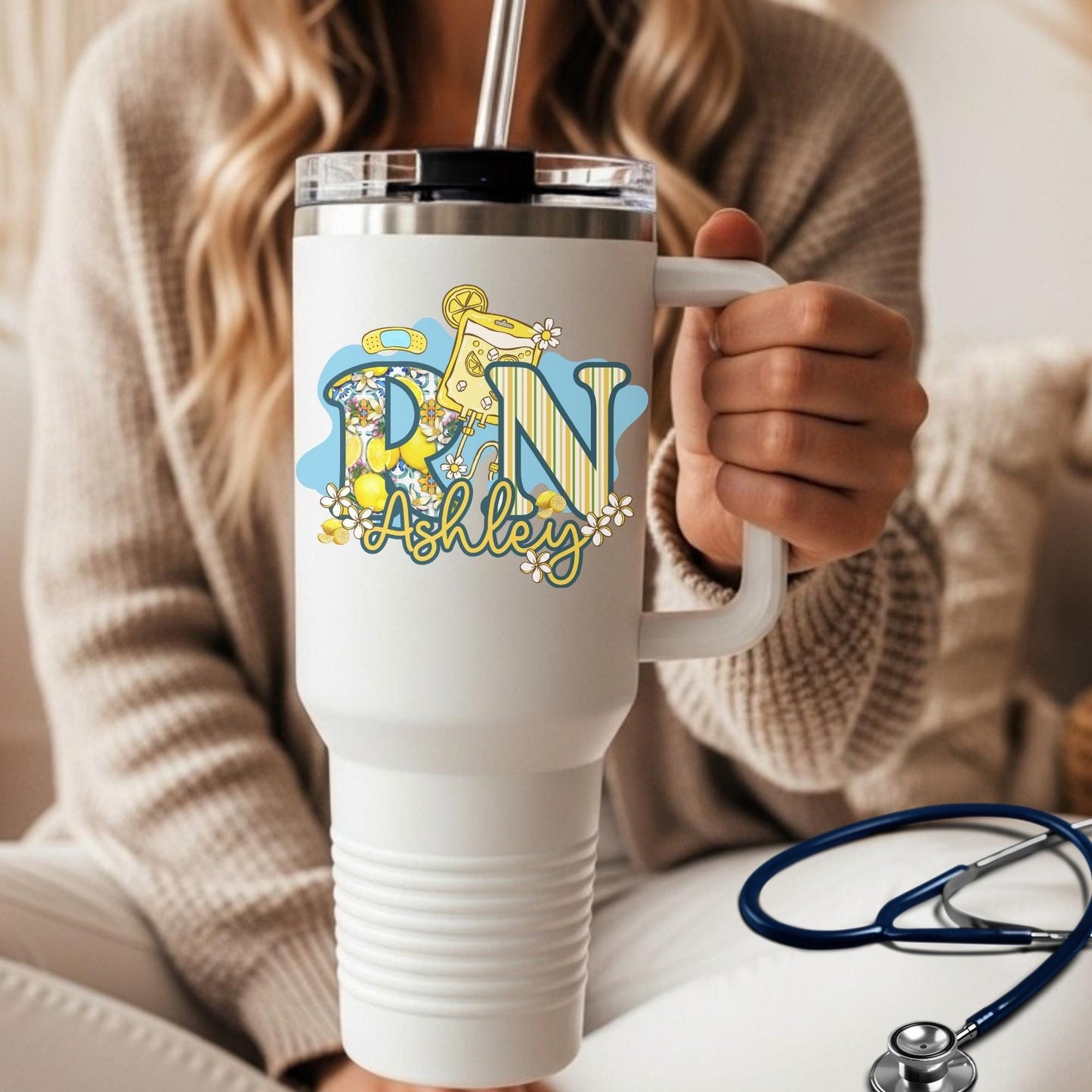 Personalized Lemon RN Tumbler: Insulated Nurse Gift with Straw