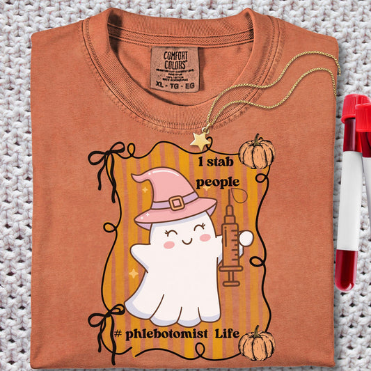 Retro Ghost Phlebotomist T-Shirt: Funny Halloween Medical Lab Tee