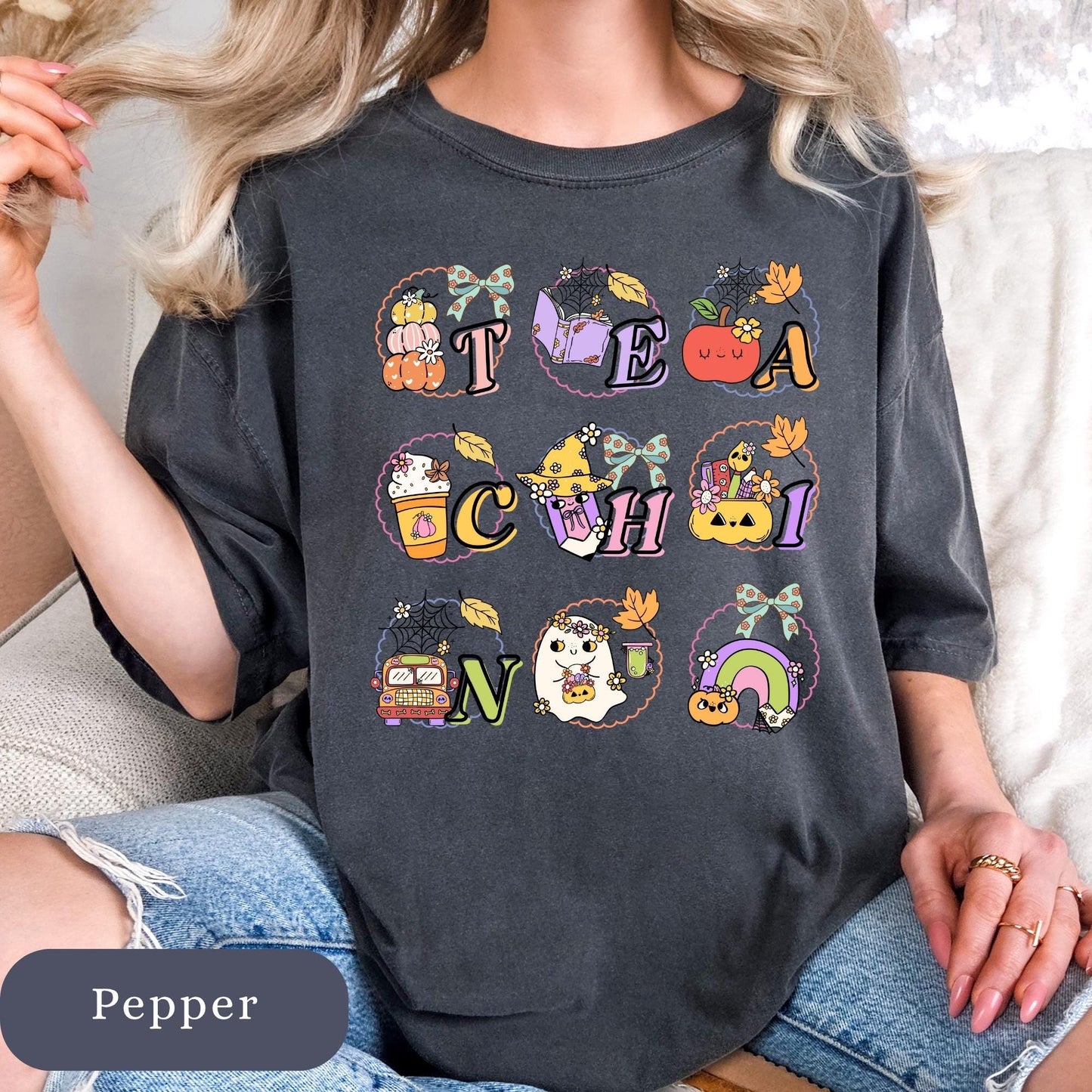 Spooky Ghost Teacher Shirt: Halloween Coquette Pumpkin Design