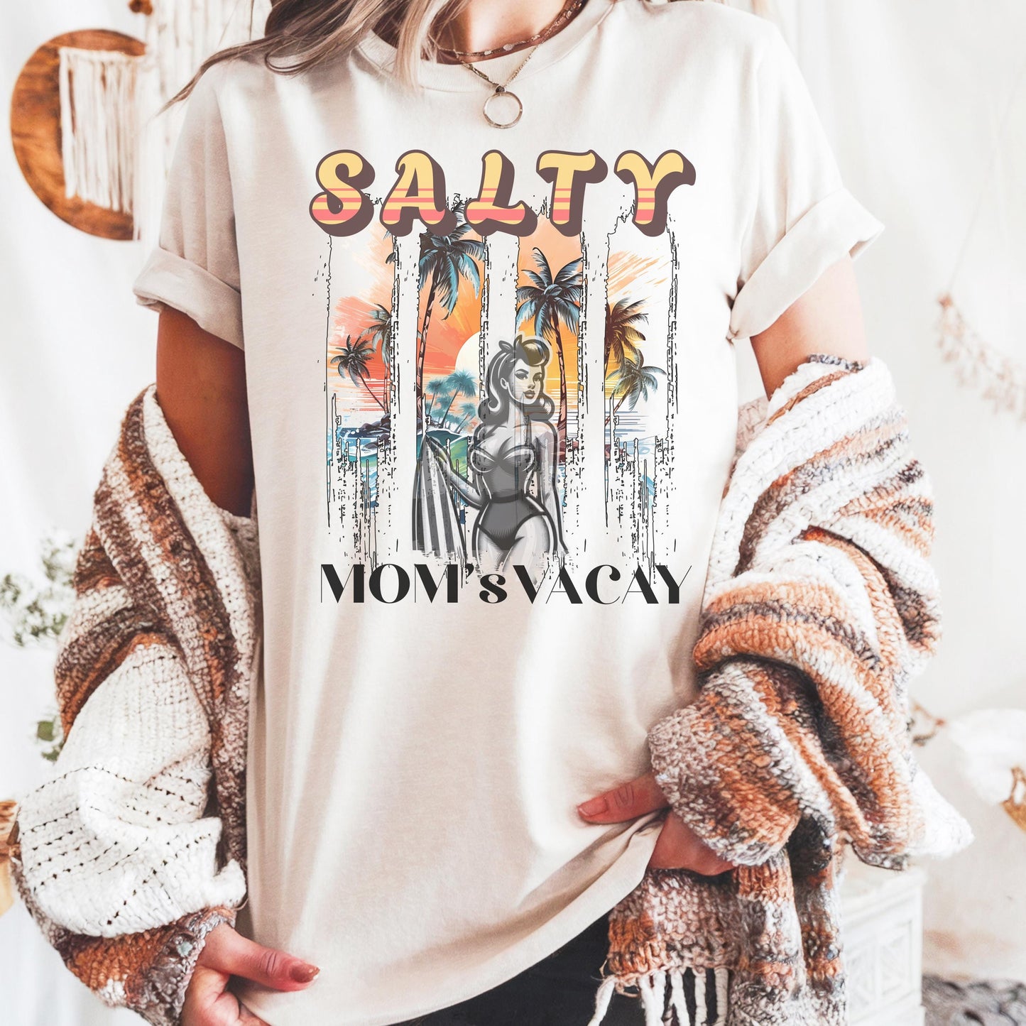 Women’s ivory t-shirt for mom's summer vacation with the phrase salty mom's vacay perfect gift for mom's summer trips/girl trips