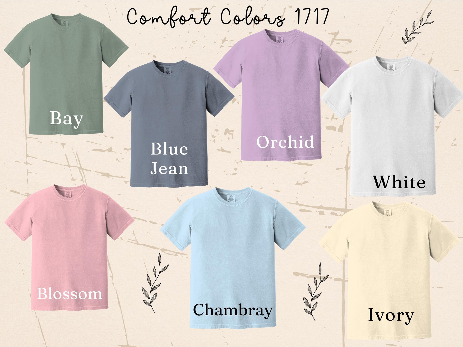 color chart for women's nurse shirt: bay (reen), blue jean, orchid, white, blossom, chambray (light blue), ivory