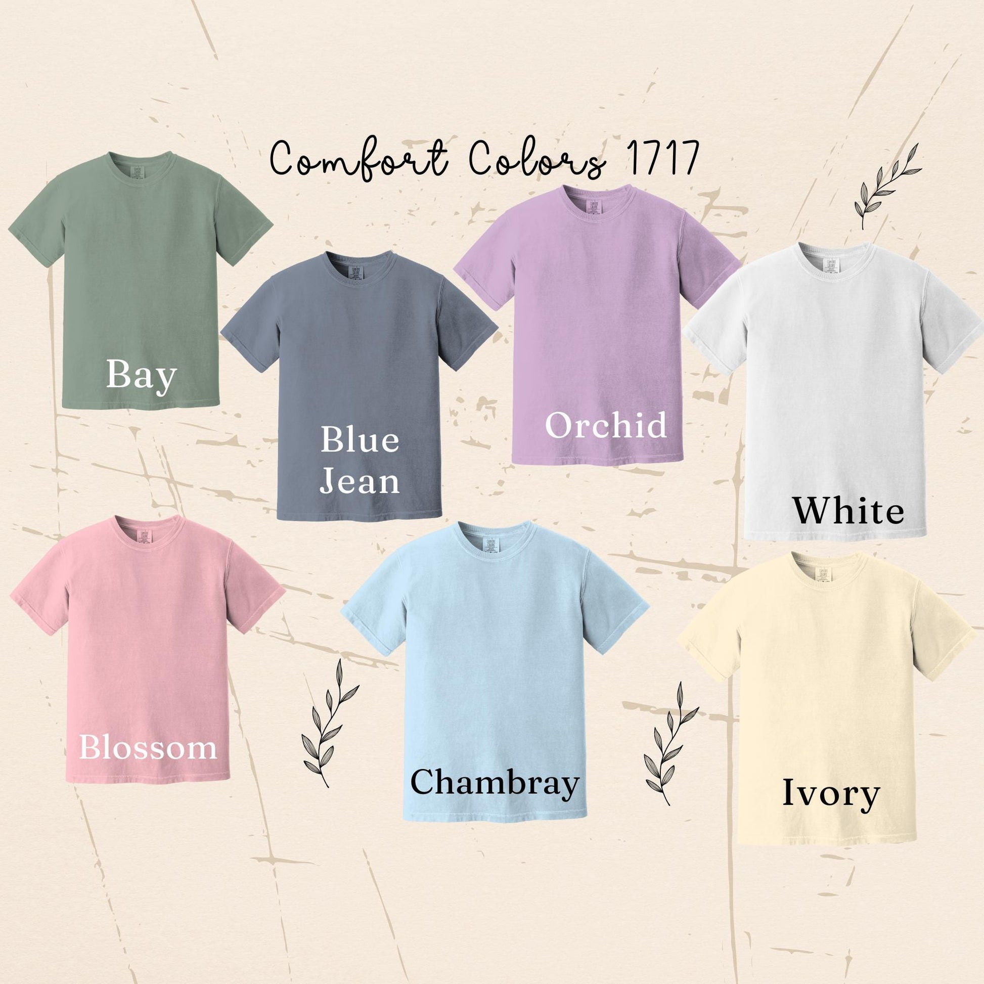 color chart for women's nurse shirt: bay (reen), blue jean, orchid, white, blossom, chambray (light blue), ivory