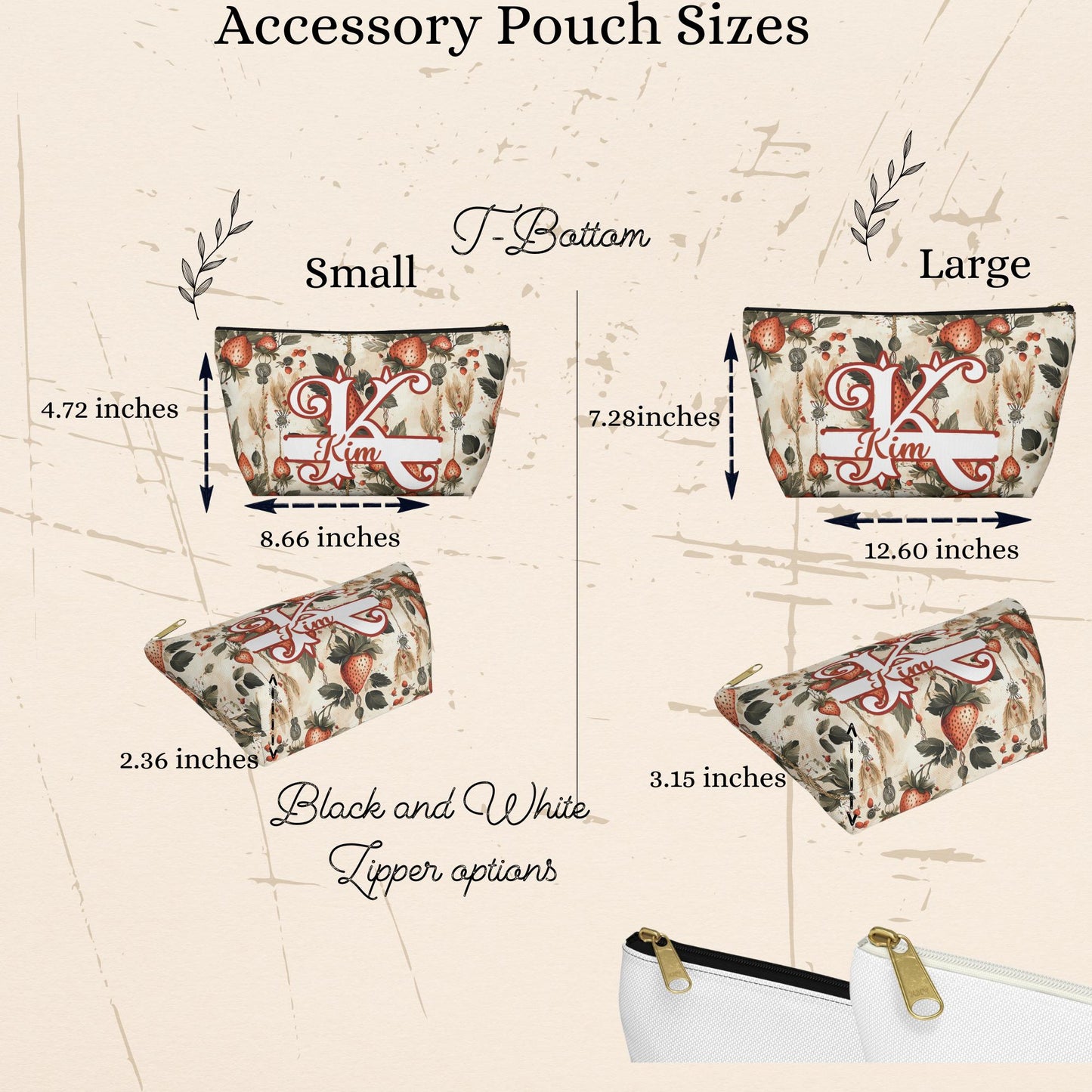 Personalized Strawberry Accessory Pouch: Monogrammed Floral Makeup Bag