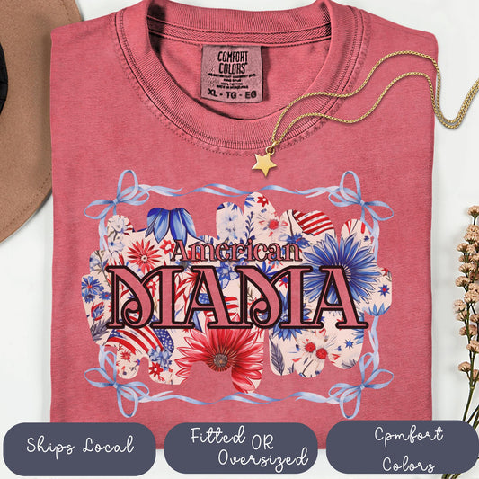 American Mama 4th of July Comfort Colors Tee: Patriotic Floral Shirt