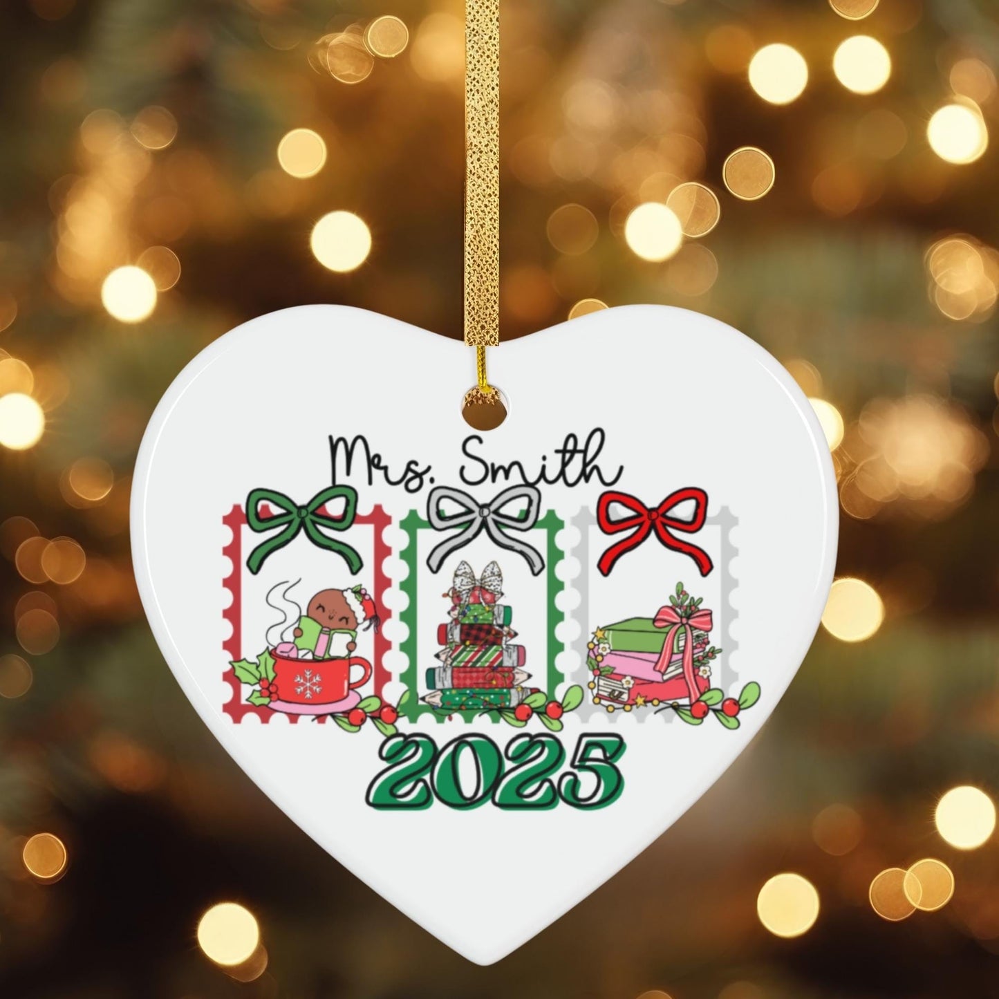 Personalized Christmas Teacher Holiday appreciation ceramic Heart Shape ornament memory keepsake