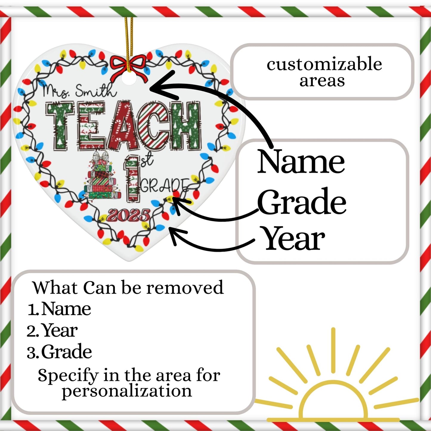 Custom Christmas Teacher Name Holiday appreciation ceramic Heart shape ornament keepsake