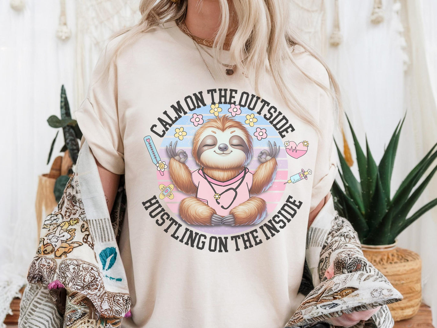 Funny Sloth Nurse T-Shirt: Retro Floral Mental Health RN Gift