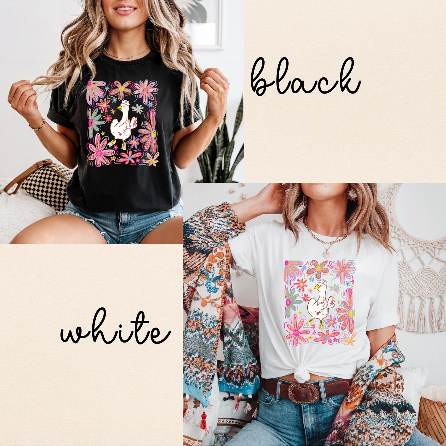 Floral Silly Goose Nurse Shirt: Retro Boho Comfort Colors Tee