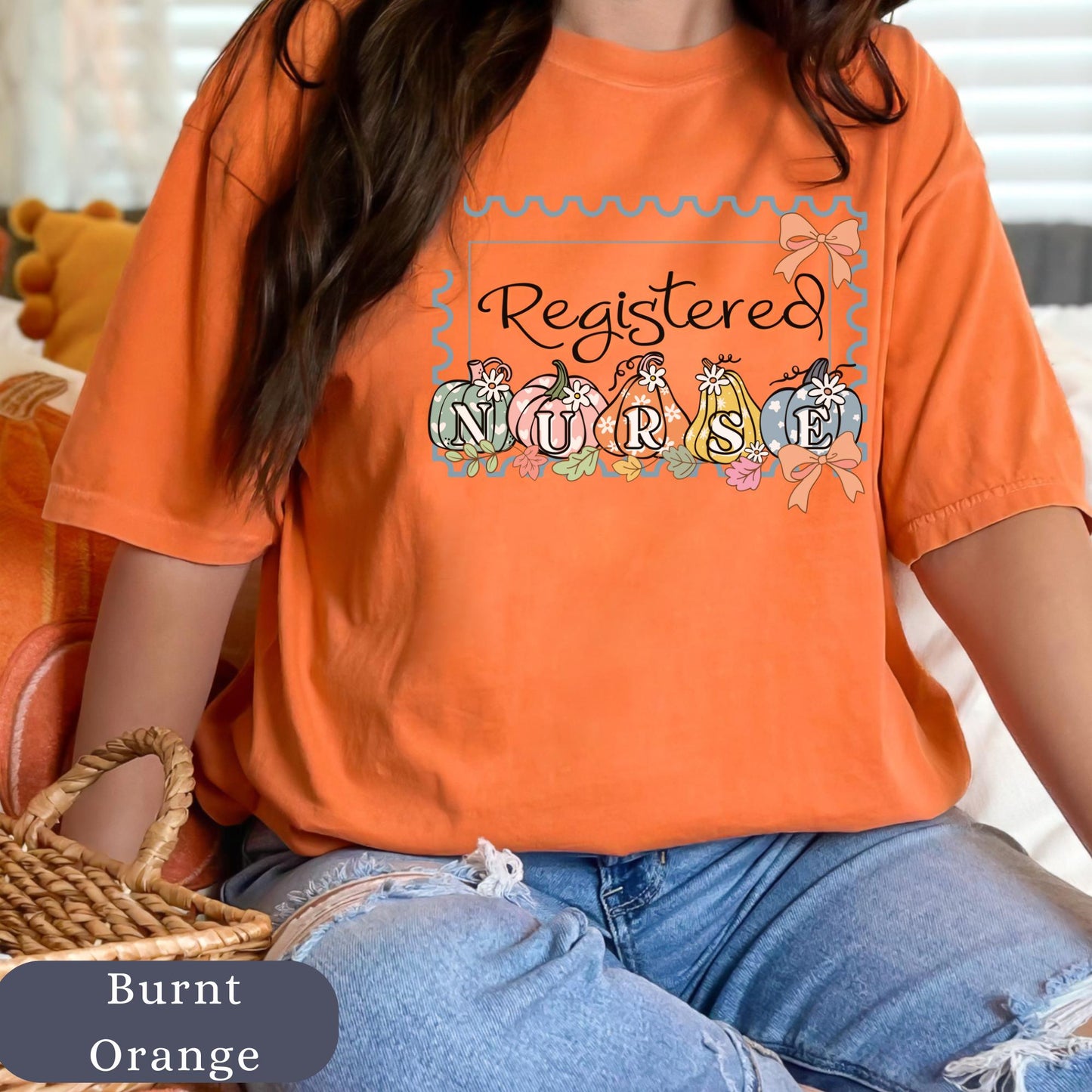 Registered Nurse Fall T-Shirt: Retro Floral Pumpkin Comfort Colors® Cotton RN Gift S-4XL