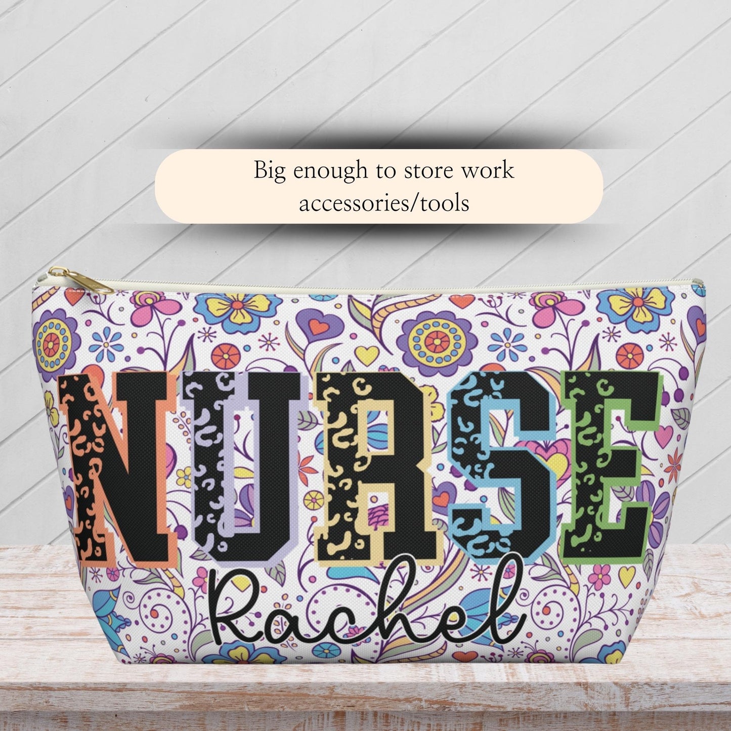Personalized Nurse Makeup Bag: Floral Cosmetic Pouch, RN/LPN Gift