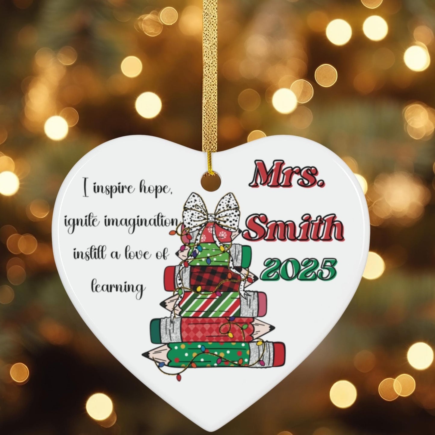 Custom Christmas Teacher name Holiday Appreciation ceramic Heart Shape ornament memory keepsake