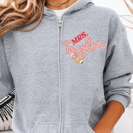 Women’s full zip hoodie with personalized name for teacher's perfect gift for teachers.