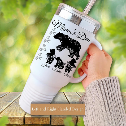 40 oz personalized mom tumbler with children's name and phrase mama's den with bears. perfect gift for mom on mother's day.