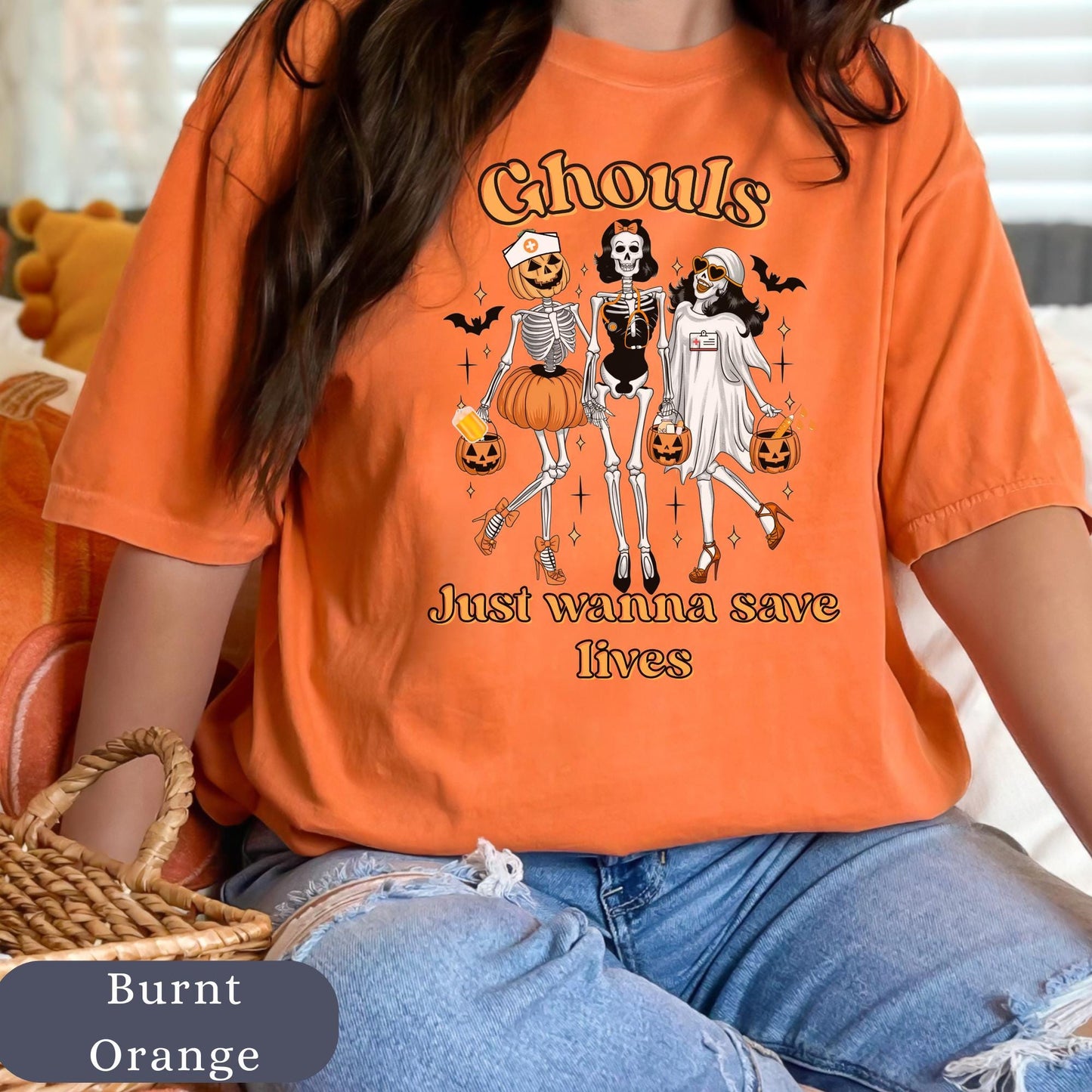 Nurse Halloween Skeleton Ghouls Comfort Colors® 100% cotton Autumn T-shirt S-4XL