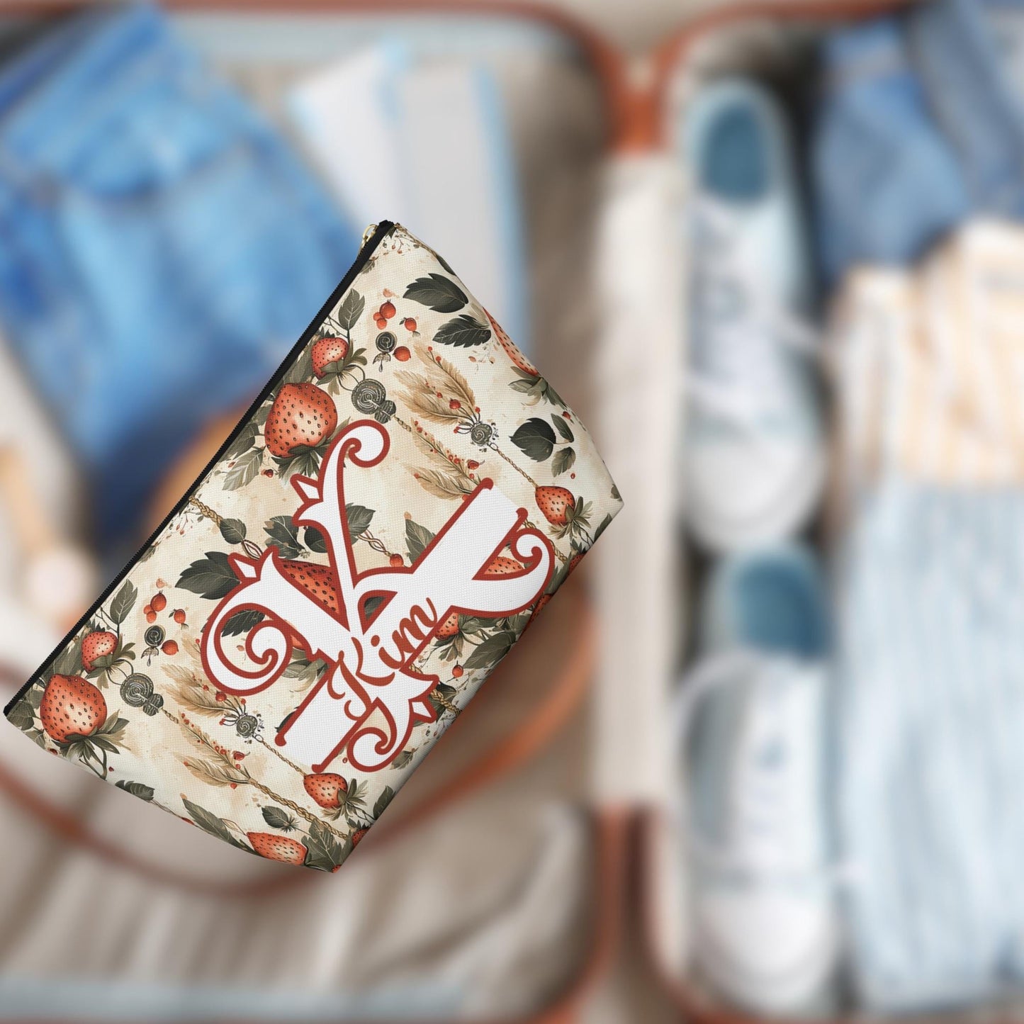 Personalized Strawberry Accessory Pouch: Monogrammed Floral Makeup Bag