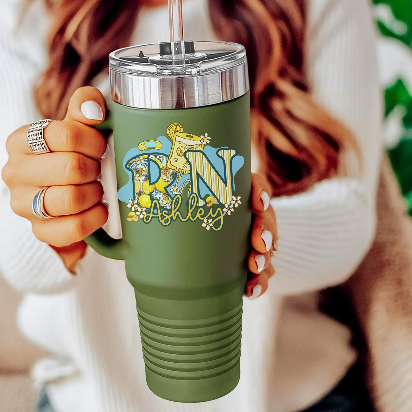 Personalized Lemon RN Tumbler: Insulated Nurse Gift with Straw