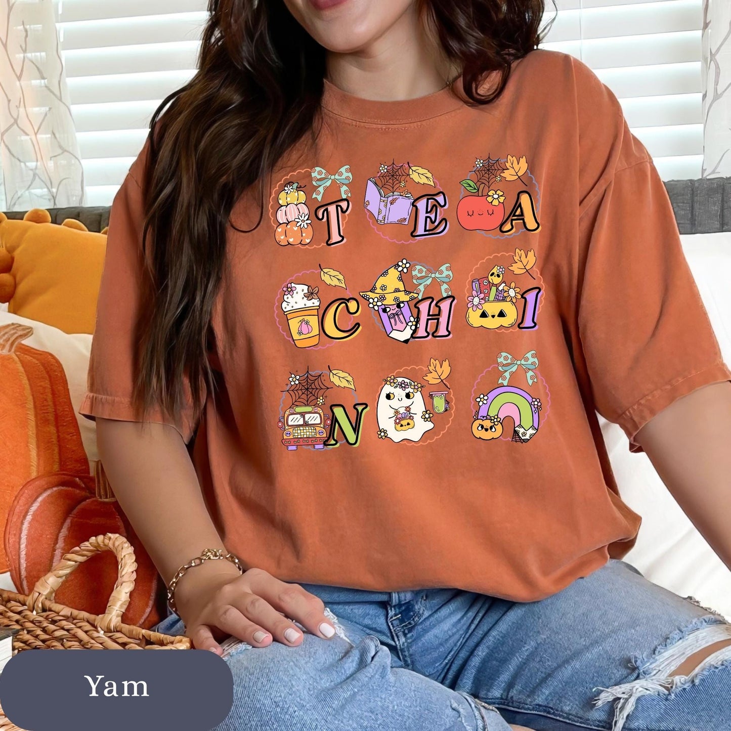 Spooky Ghost Teacher Shirt: Halloween Coquette Pumpkin Design