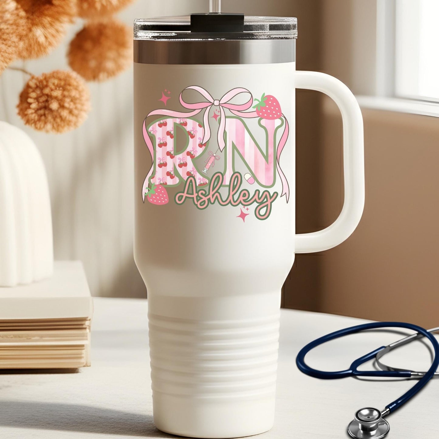 Personalized Nurse Tumbler: Pink Coquette Strawberry RN Gift, Insulated 40oz Travel Mug