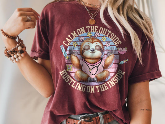 Funny Sloth Nurse T-Shirt: Retro Floral Mental Health RN Gift