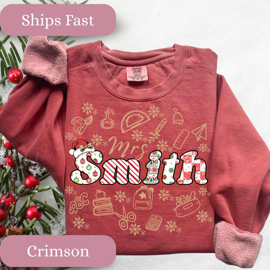 Personalized teacher name christmas doodle art winter Comfort Colors® sweatshirt for women size S-3xL