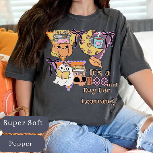 Funny Teacher Halloween T-Shirt: Spooky Book Ghost Comfort Colors Tee