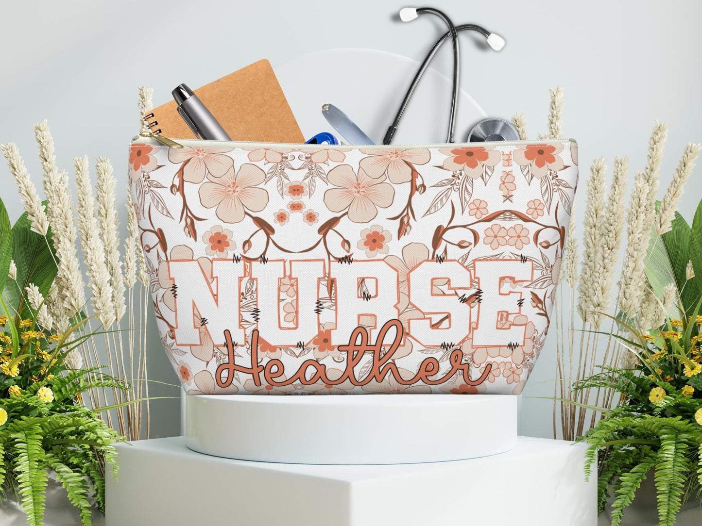 Personalized Nurse Makeup Bag: Floral Accessory Pouch, RN CNA Gift