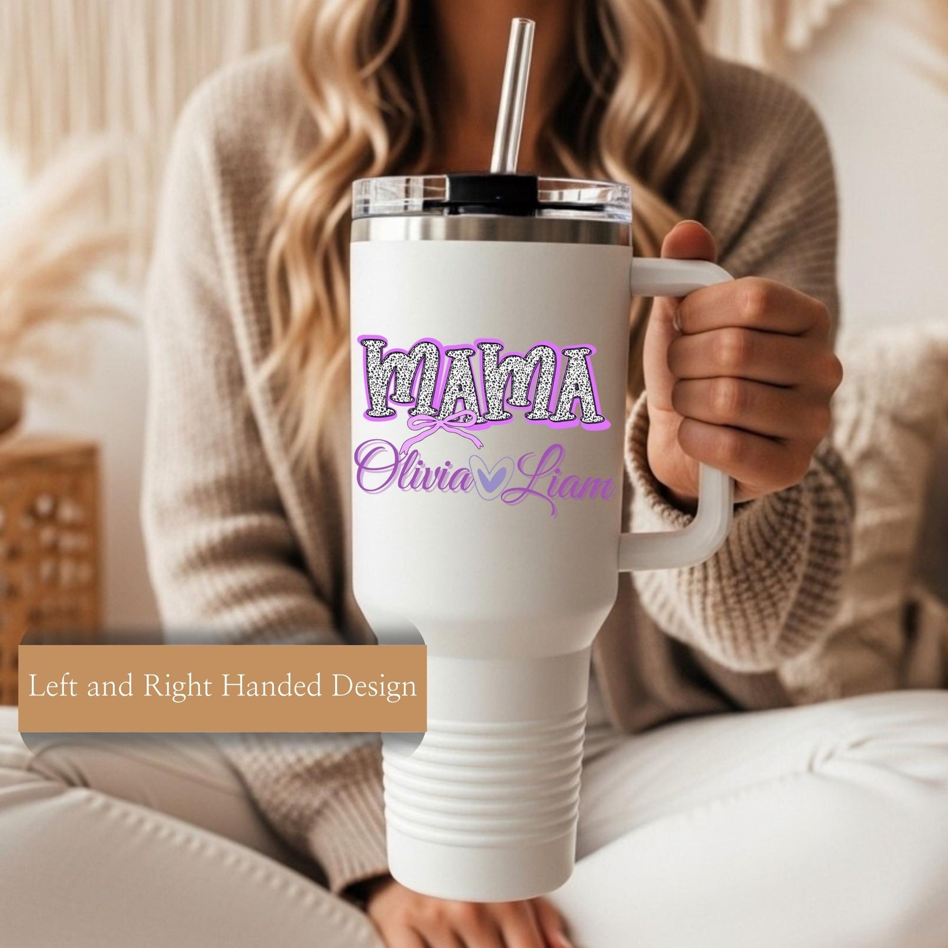 40 oz tumbler for mom's mama, with personalized children's names in purple dalmation dot color , perfect gift for mom's on mother's day.