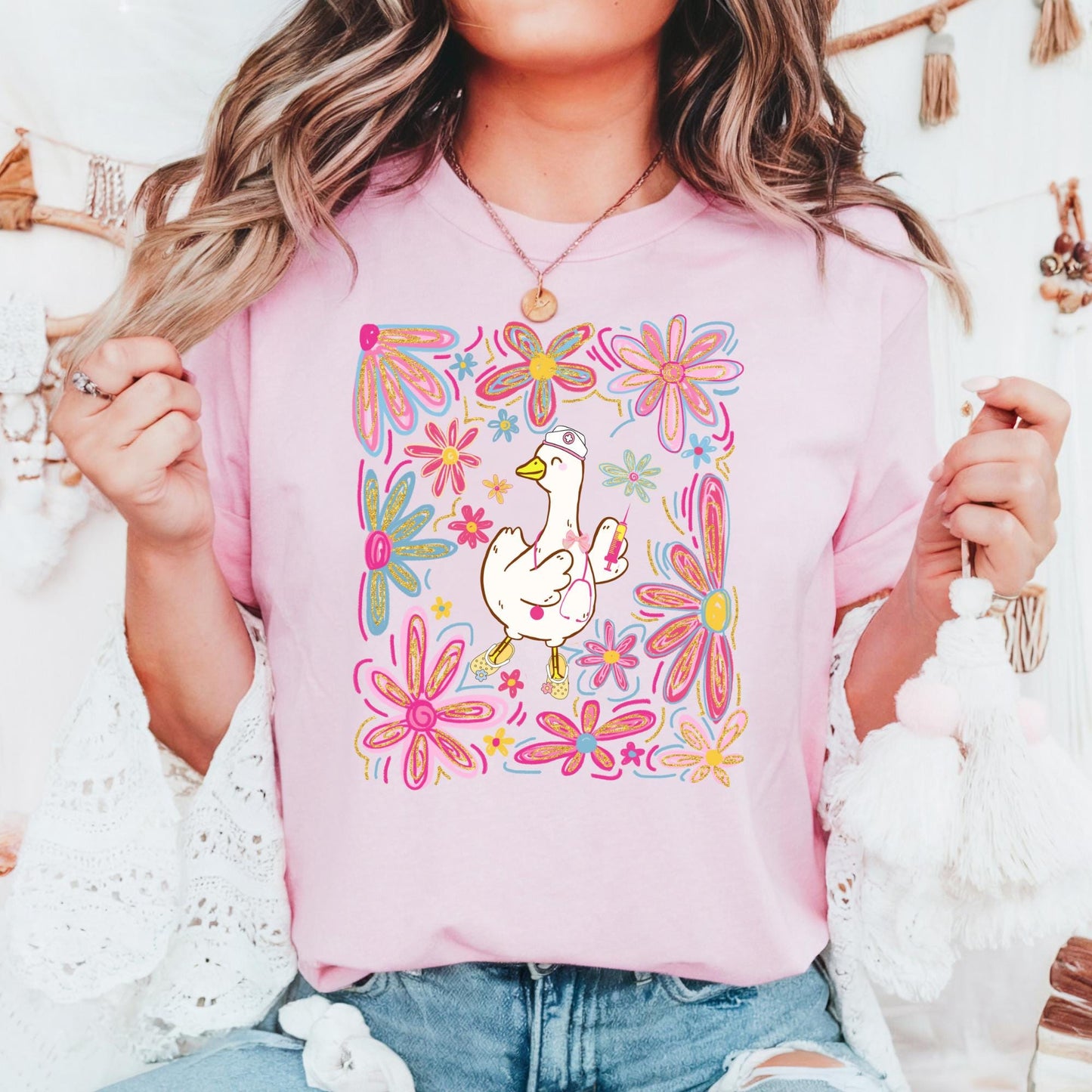 Floral Silly Goose Nurse Shirt: Retro Boho Comfort Colors Tee