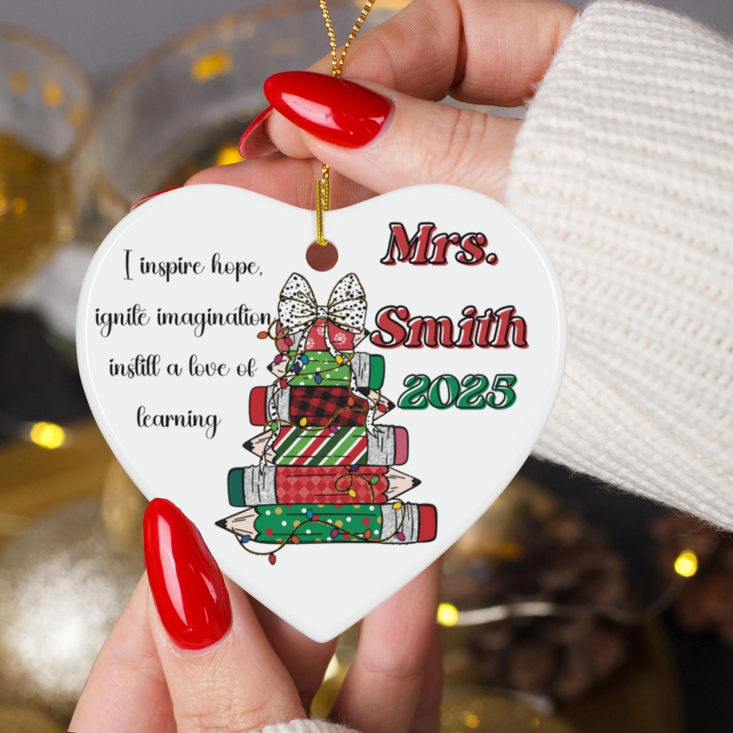 Custom Christmas Teacher name Holiday Appreciation ceramic Heart Shape ornament memory keepsake