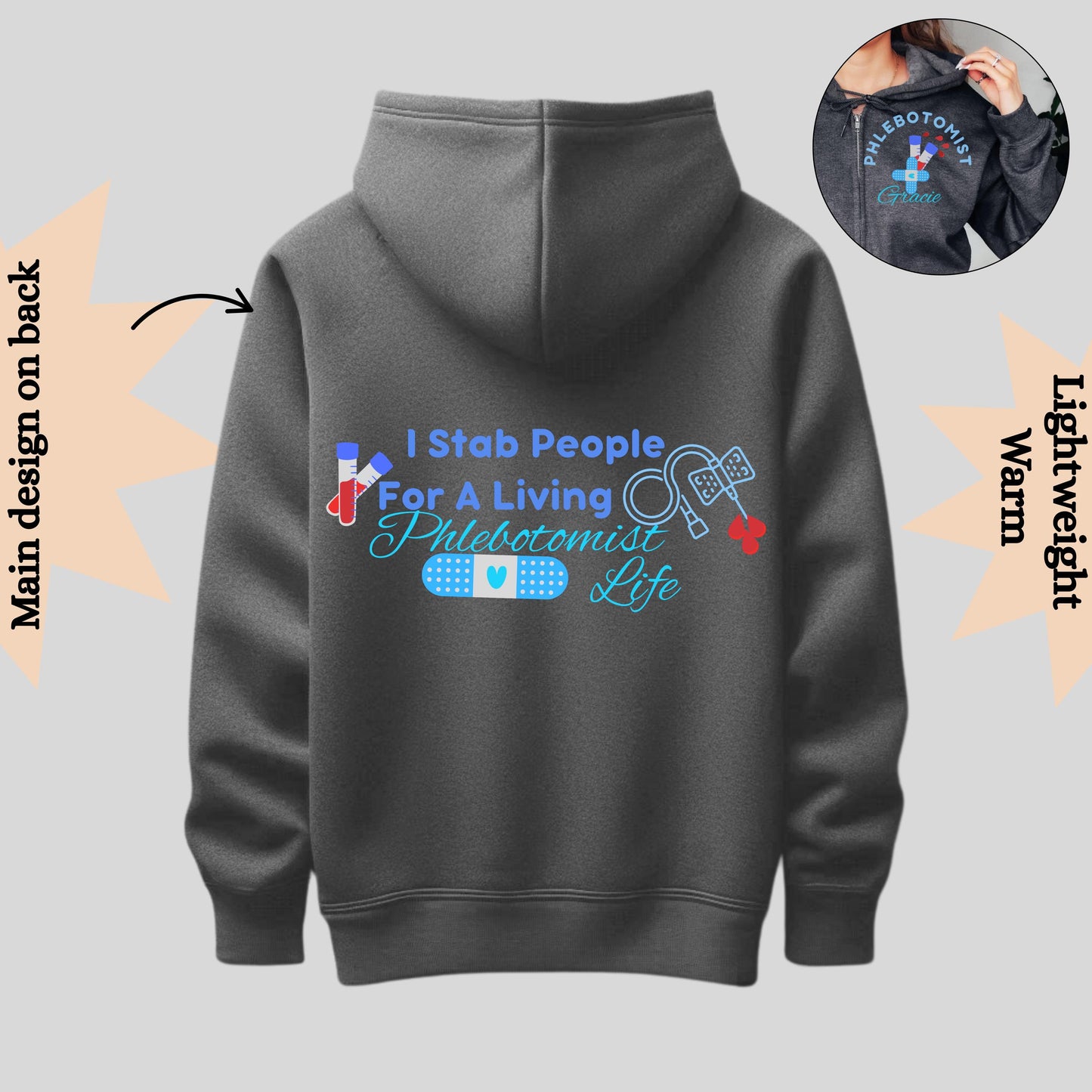 Funny Phlebotomist Zip Hoodie: Vein Finder Humor, Lab Tech Gift