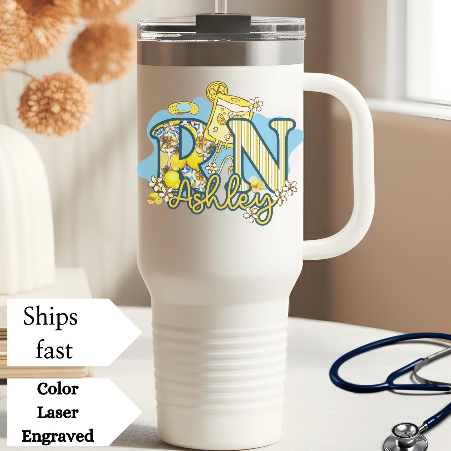 Personalized Lemon RN Tumbler: Insulated Nurse Gift with Straw