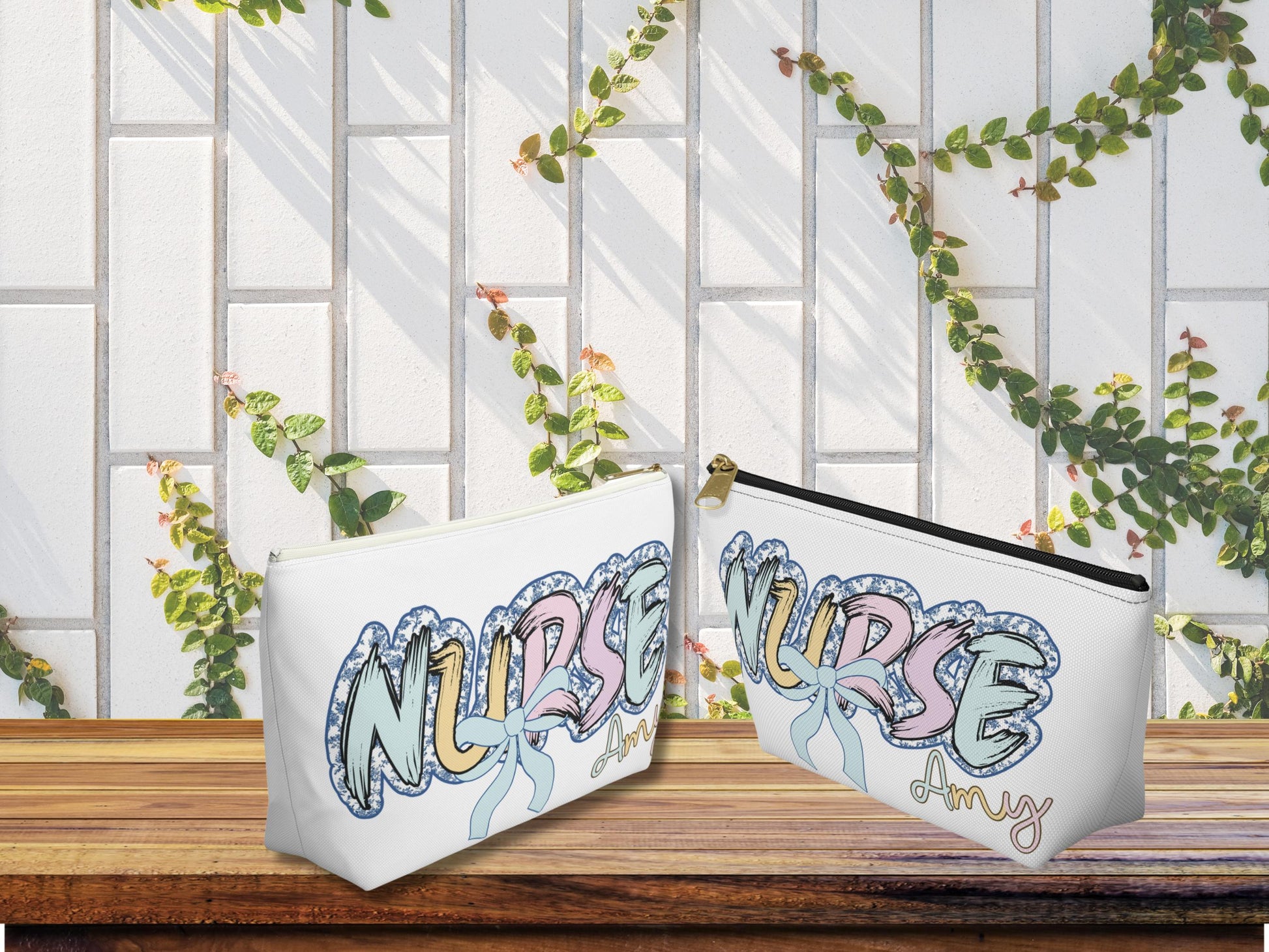 Storage pouch/ travel bag for nurses  word nurse in a pastel blue floral print, gift for nurses. white and black zipper choice.