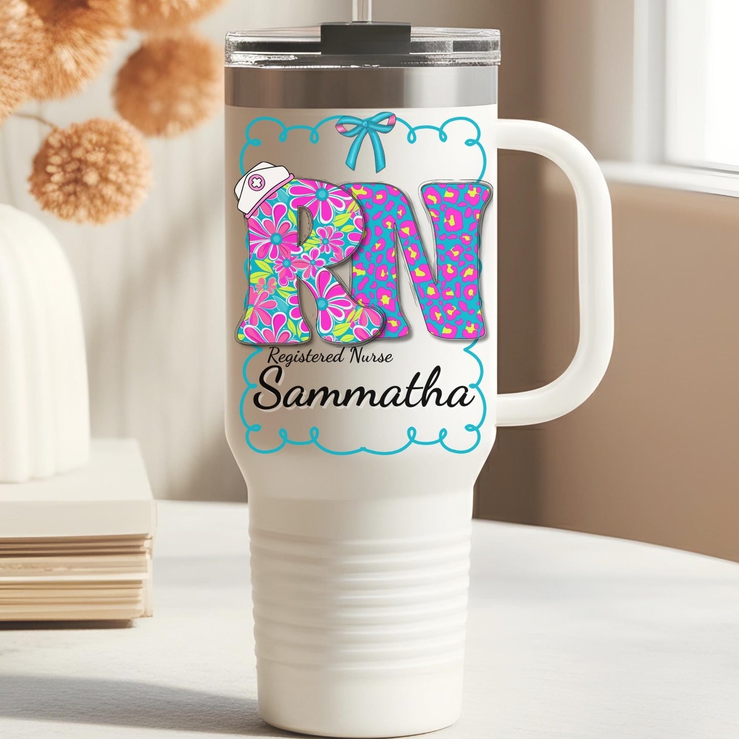 nurse RN 40 oz tumbler with the Credentials RN LPN or CNA in a groovy retro throwback style with personalized name perfect gift for RN LPN or CNA 