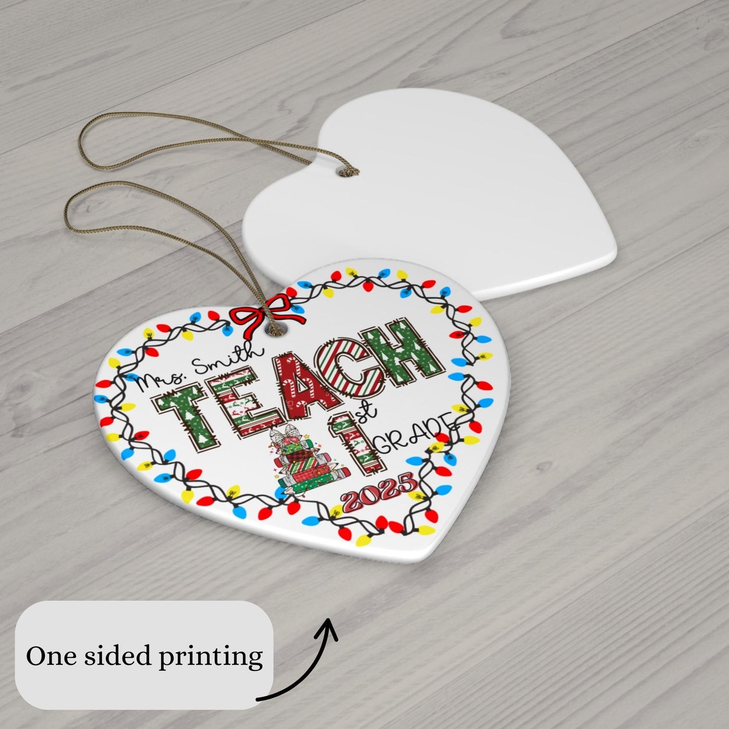Custom Christmas Teacher Name Holiday appreciation ceramic Heart shape ornament keepsake