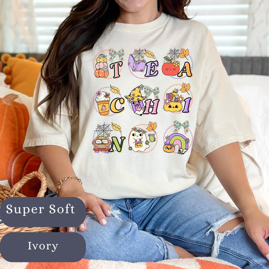 Spooky Ghost Teacher Shirt: Halloween Coquette Pumpkin Design