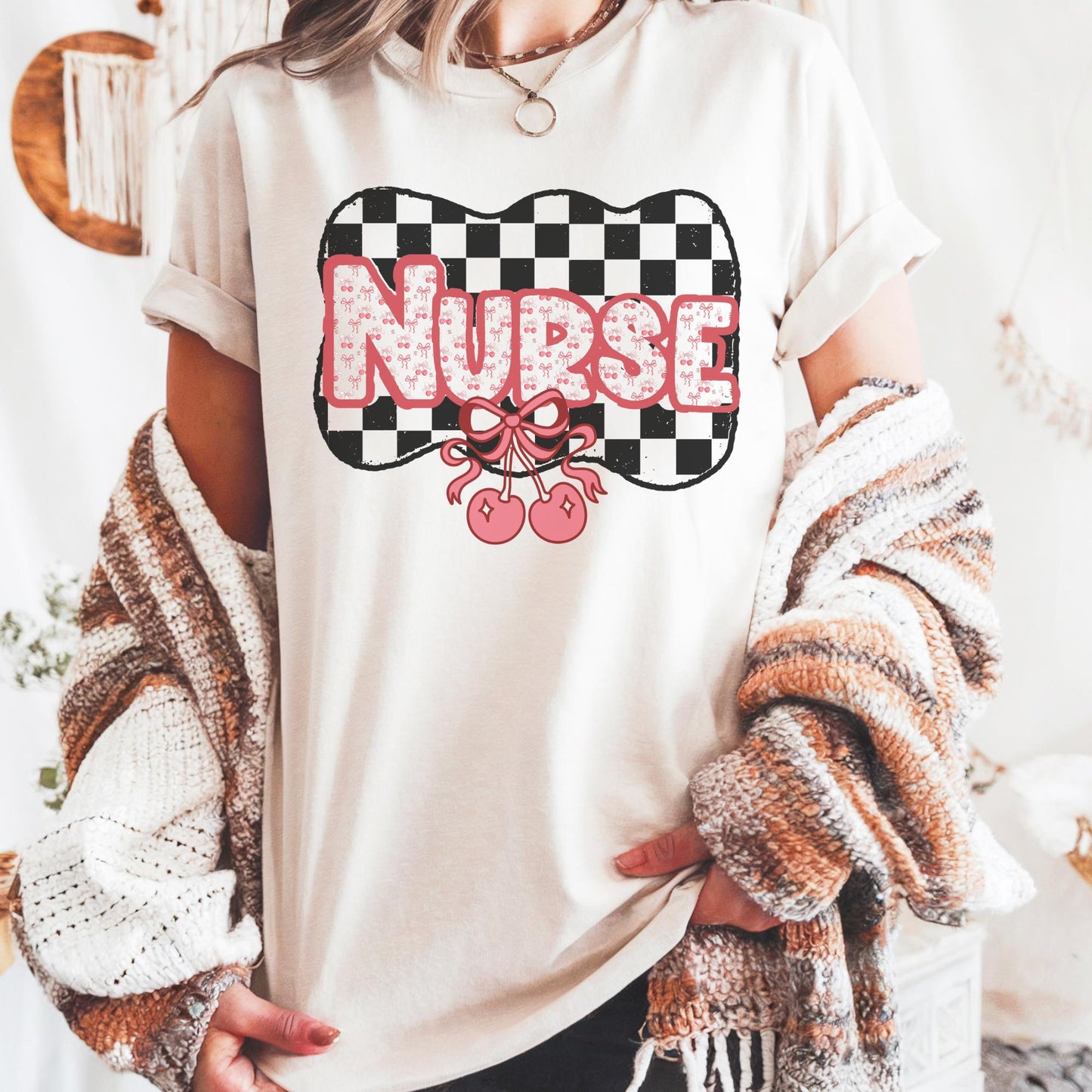 Nurse Cherry Checkered T-Shirt: Retro Comfort Colors Fruit Tee