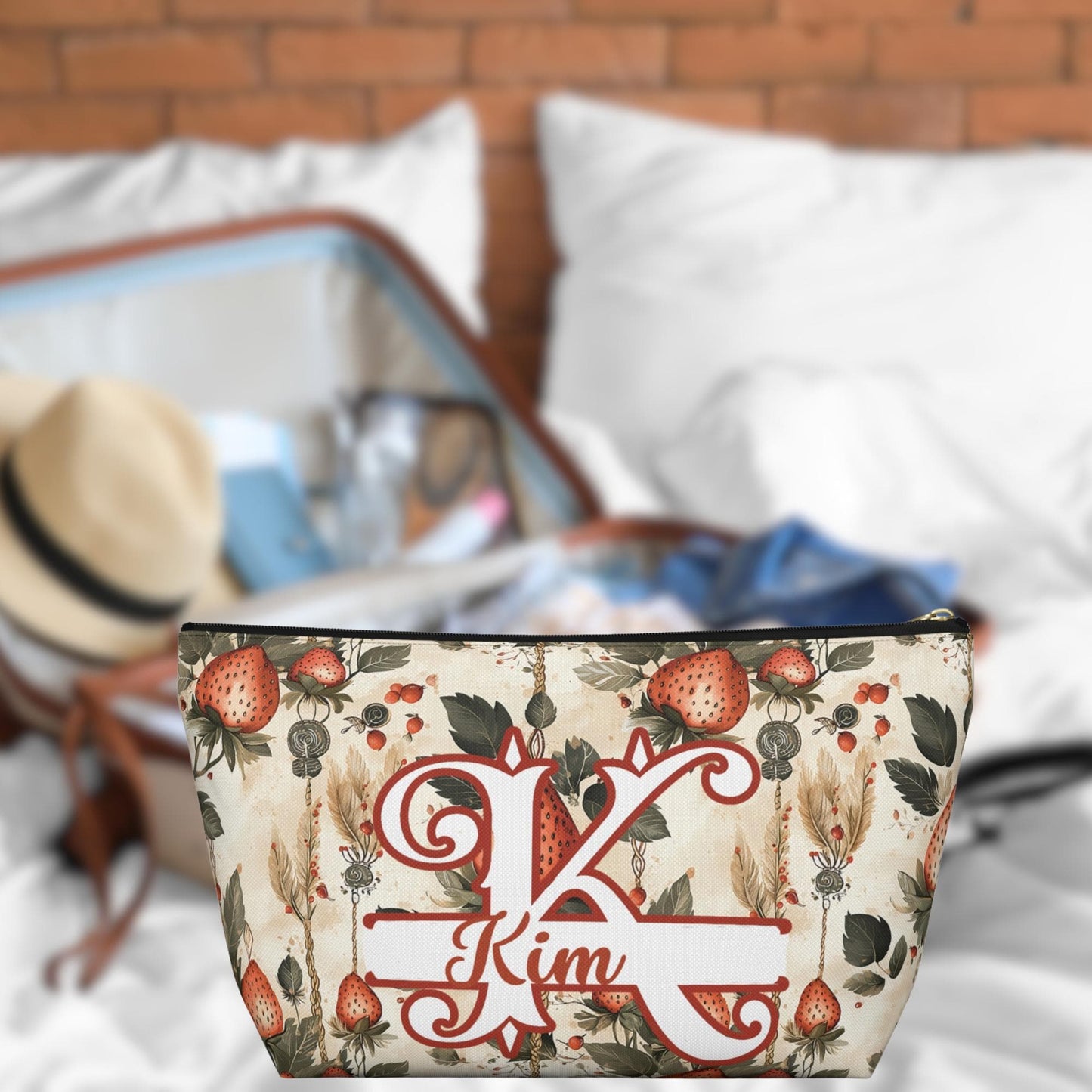 Personalized Strawberry Accessory Pouch: Monogrammed Floral Makeup Bag