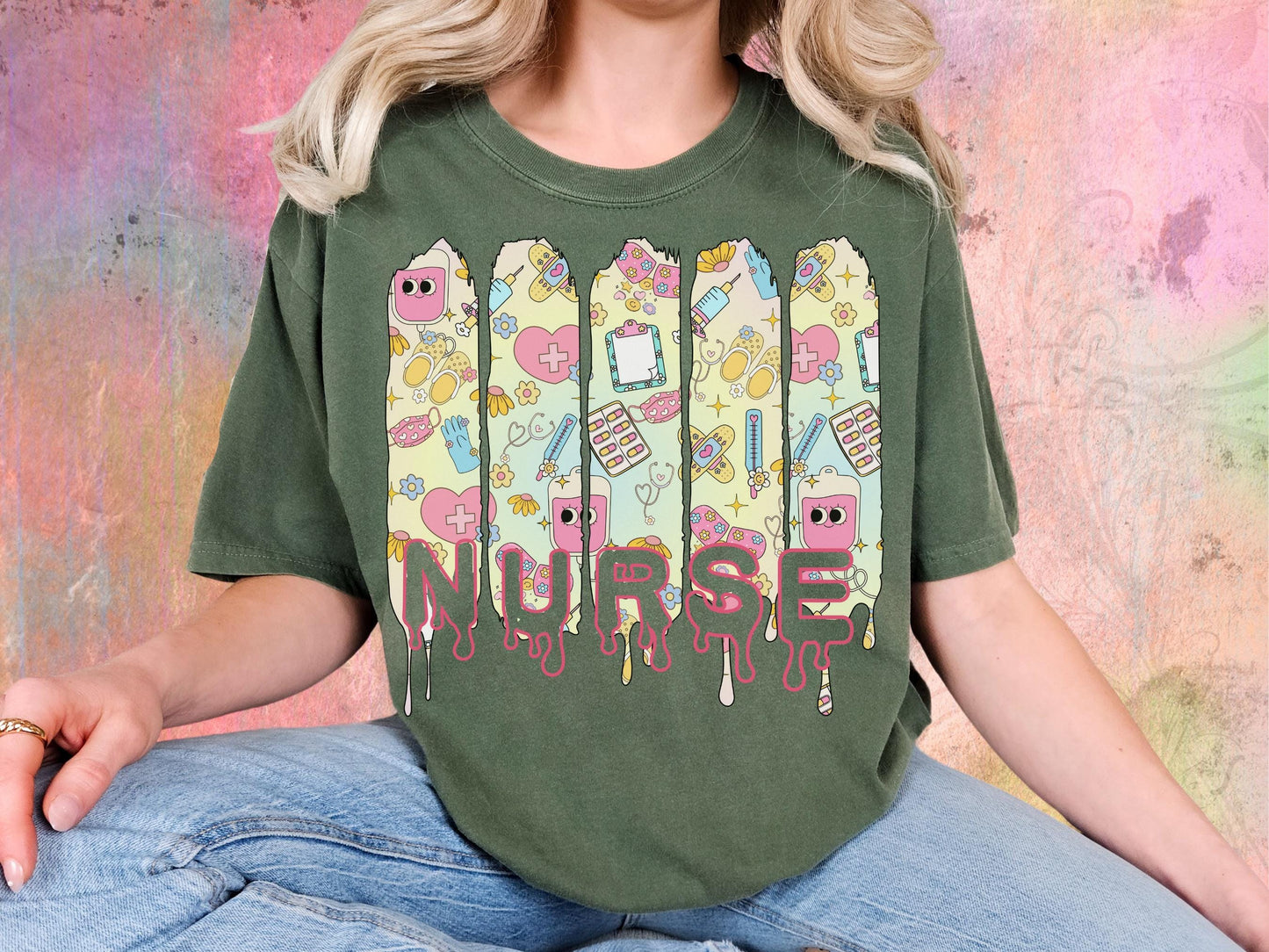 Comfort Colors Nurse T-Shirt: Floral Drip Design, RN Gift