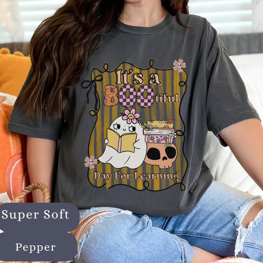 Funny Teacher Halloween T-Shirt: Spooky Book Ghost Tee