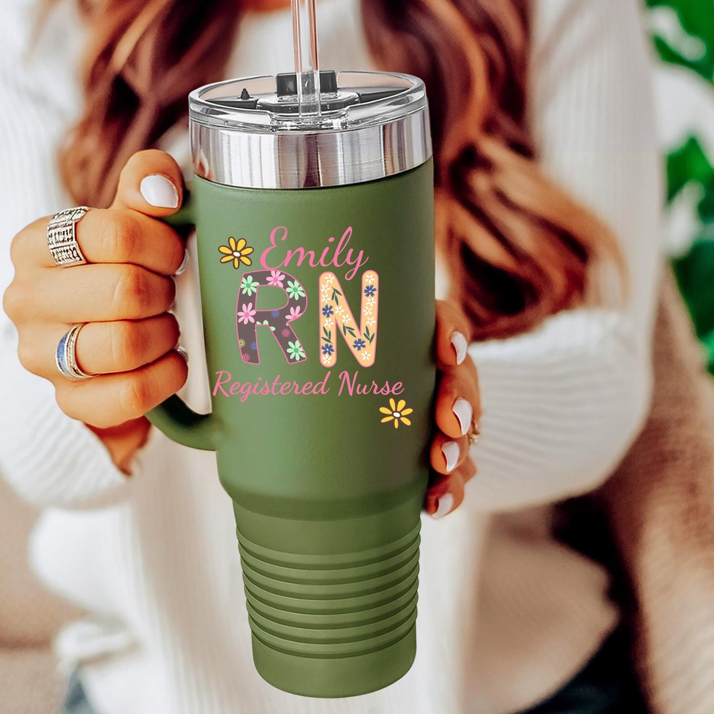 Personalized Registered Nurse travel 40oz tumbler with straw RN graduation gift idea for nurses floral nurse appreciation gift coffee mug