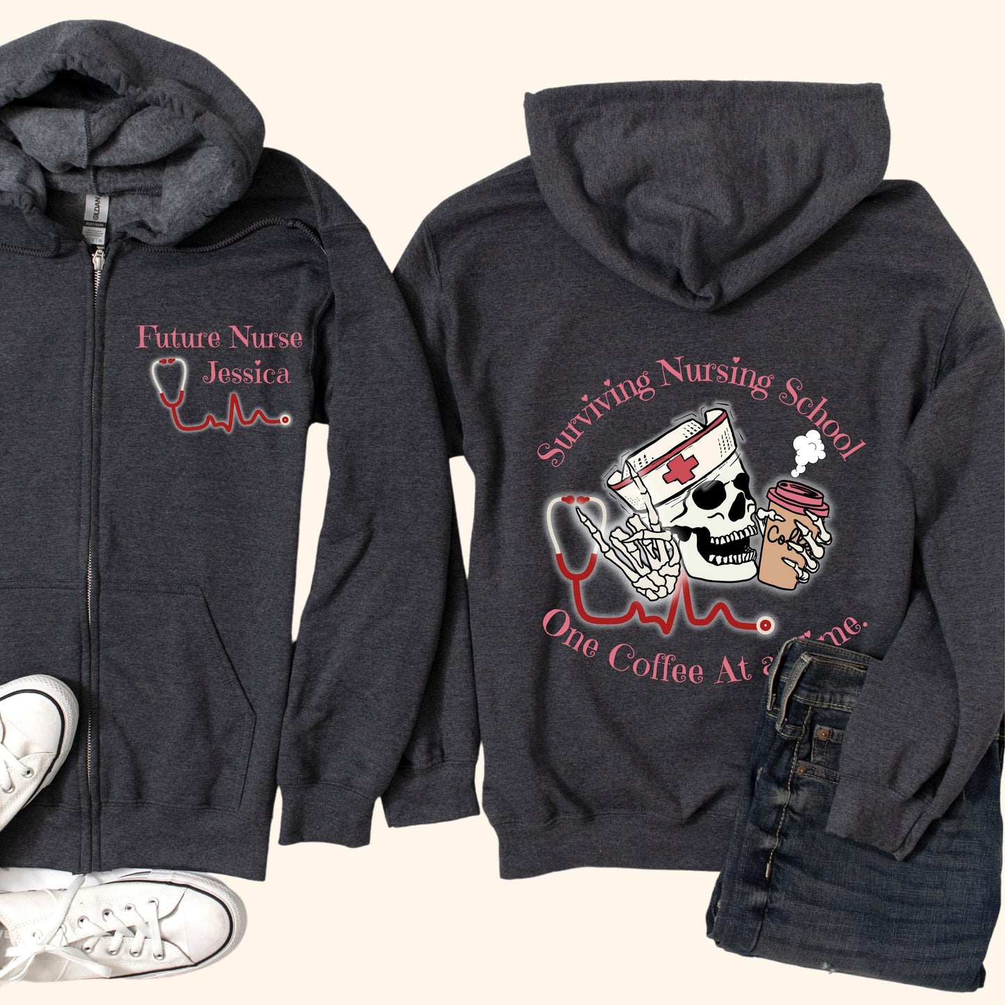 Funny Nurse Full Zip Hoodie: Surviving Nursing School Gift