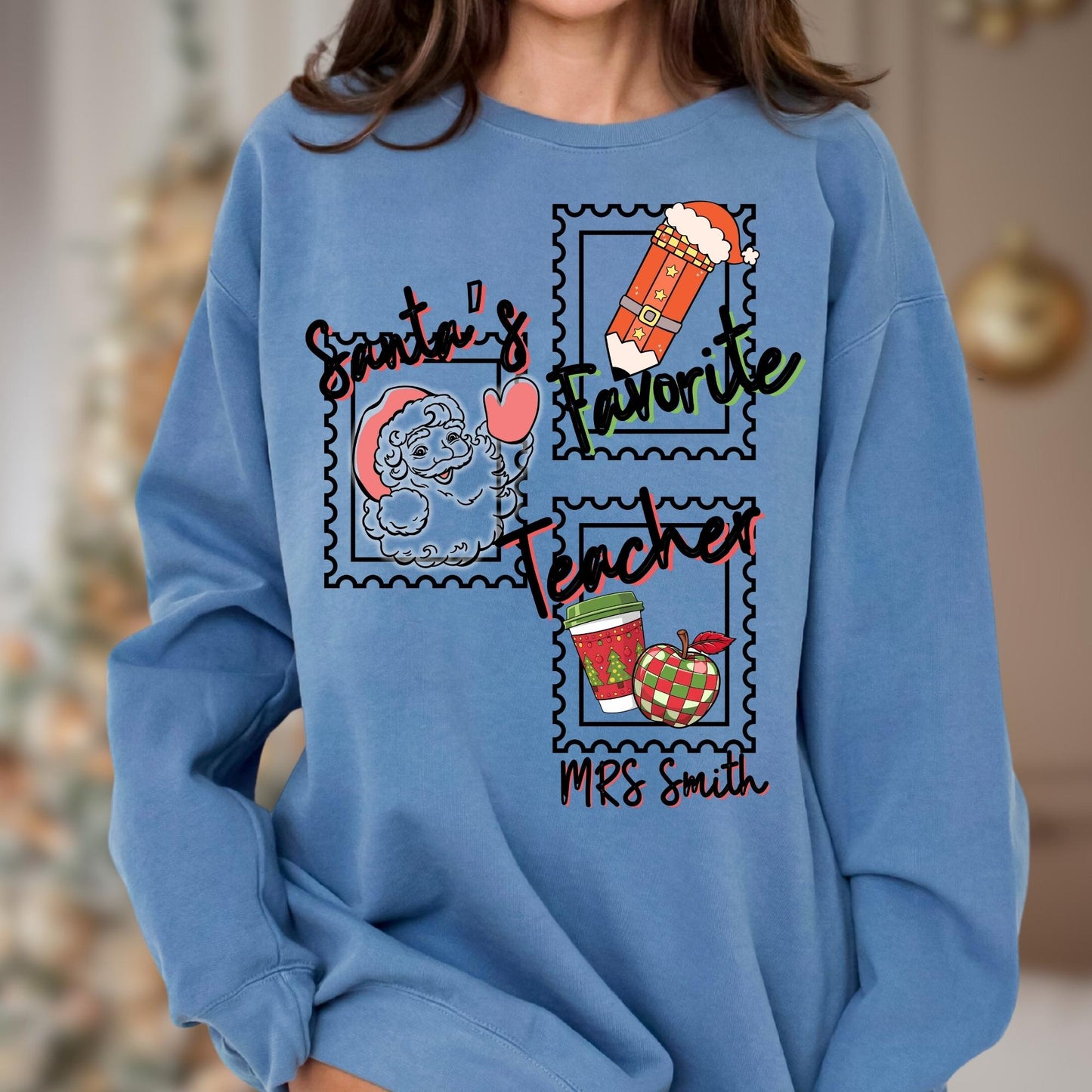 Personalized Santa's Favorite Teacher Christmas comfort Colors® cotton sweatshirt S-3XL