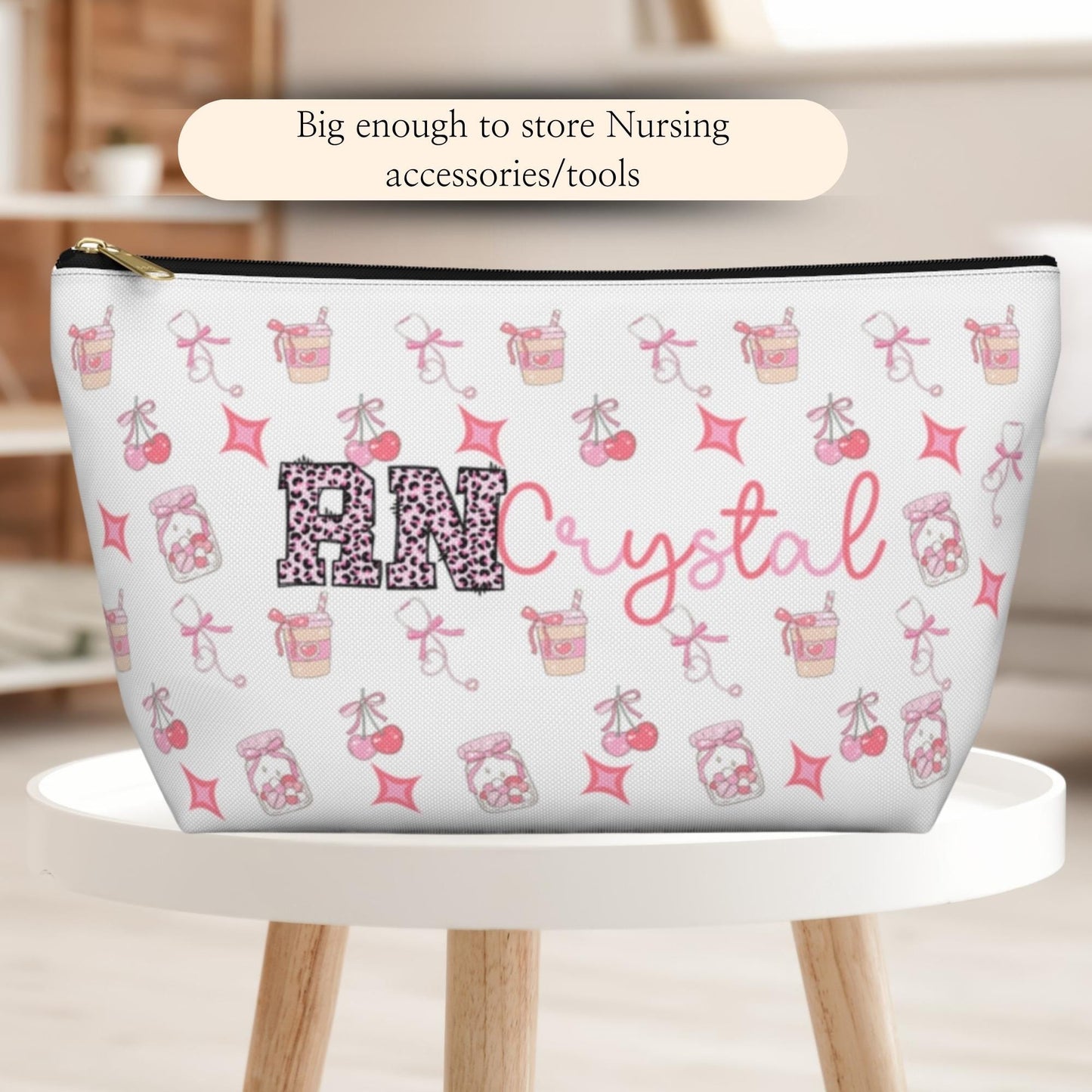 Personalized Nurse Accessory Bag: Custom RN Makeup Pouch, Cherry Bow