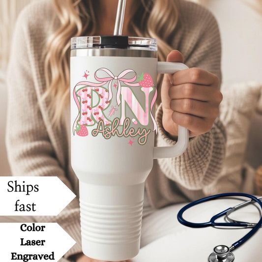 Personalized Nurse Tumbler: Pink Coquette Strawberry RN Gift, Insulated 40oz Travel Mug